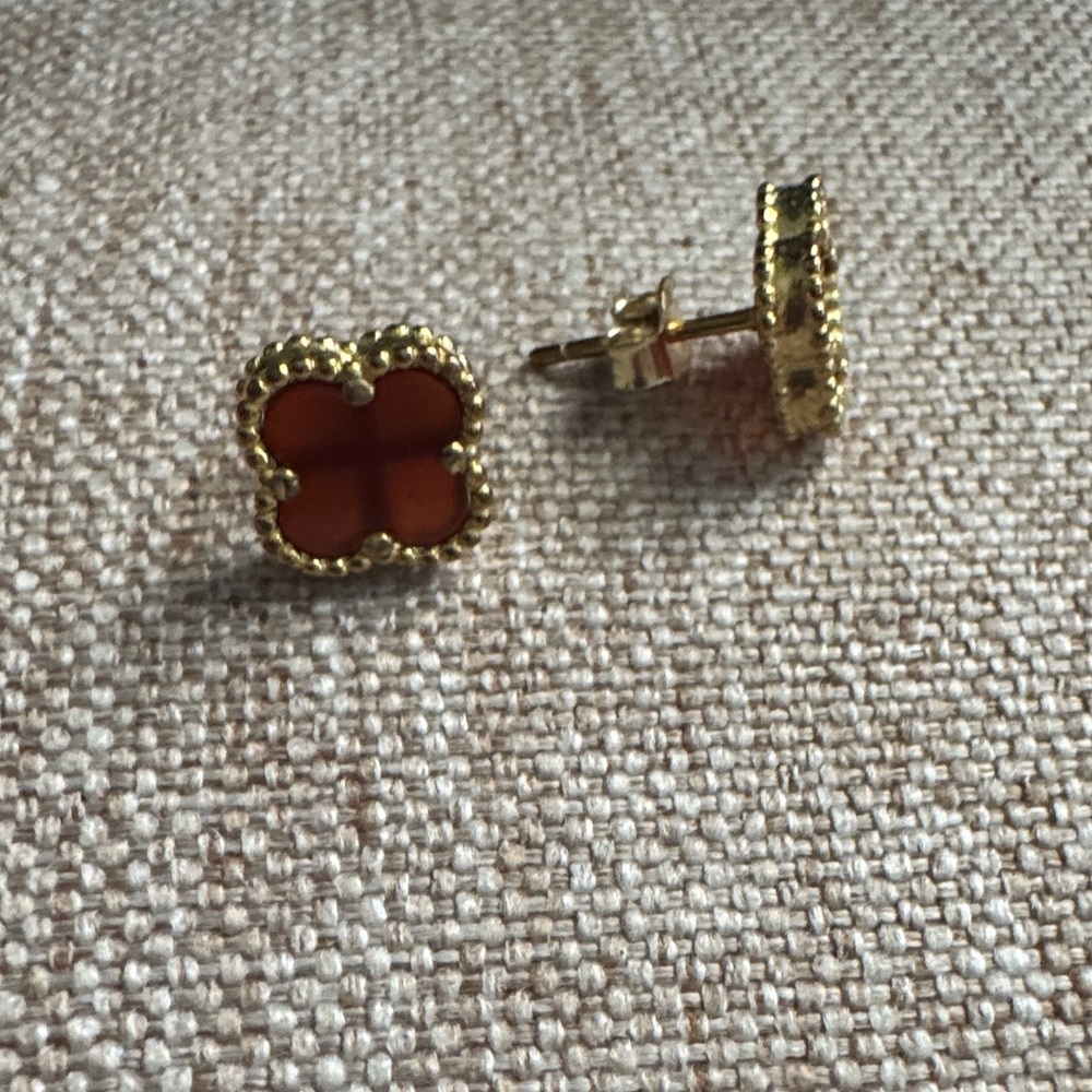 Gold-Tone Clover Stud Earrings with Red Inlay